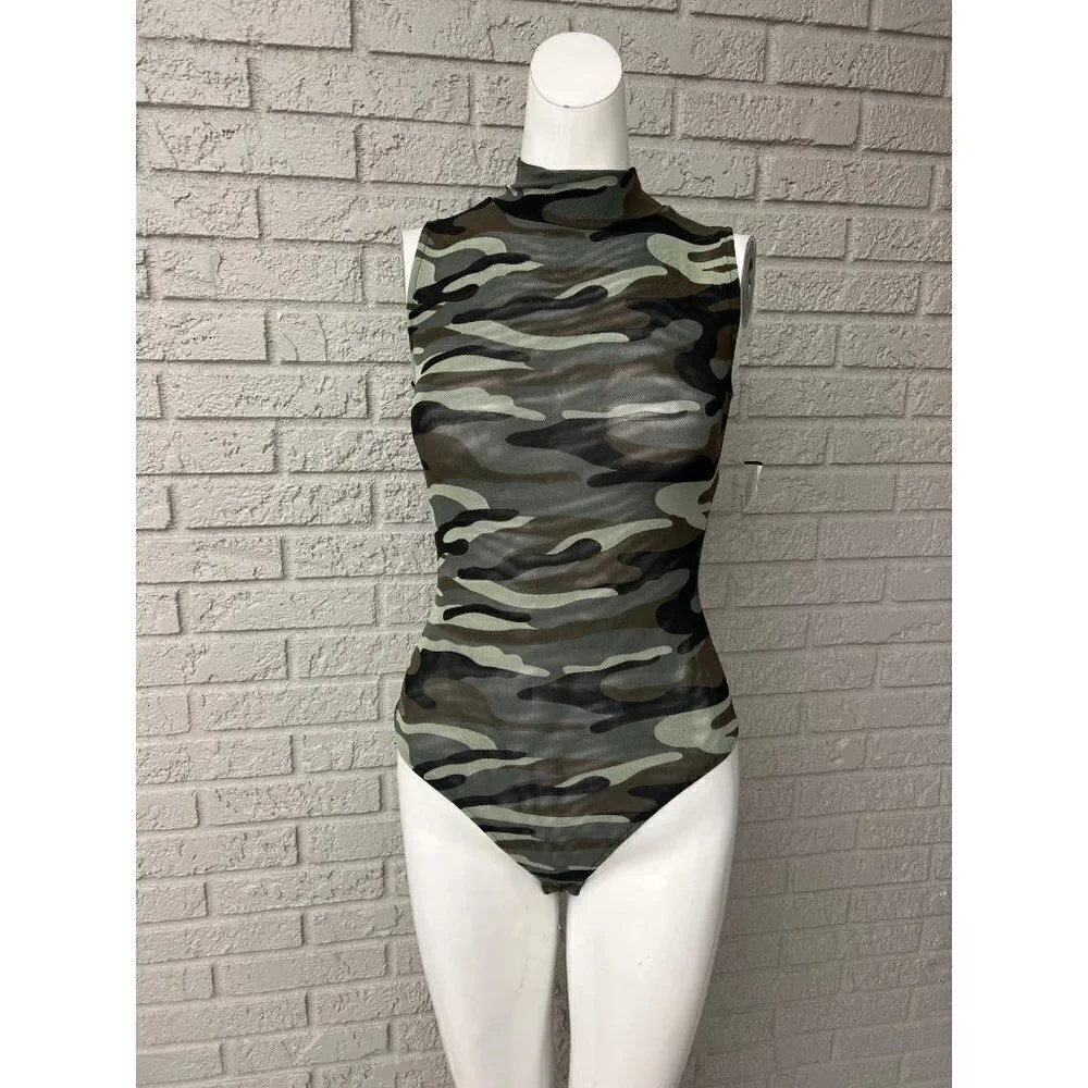 Derek Heart Women High Neck Mesh Camo Bodysuit Size S